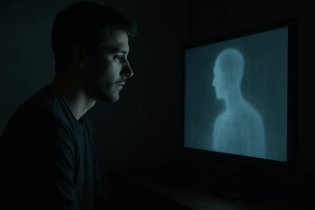 Hombre joven observa fijamente una pantalla con una figura humana difusa, representando los riesgos de usar ChatGPT y la disociación entre realidad y mundo virtual.