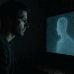 Hombre joven observa fijamente una pantalla con una figura humana difusa, representando los riesgos de usar ChatGPT y la disociación entre realidad y mundo virtual.