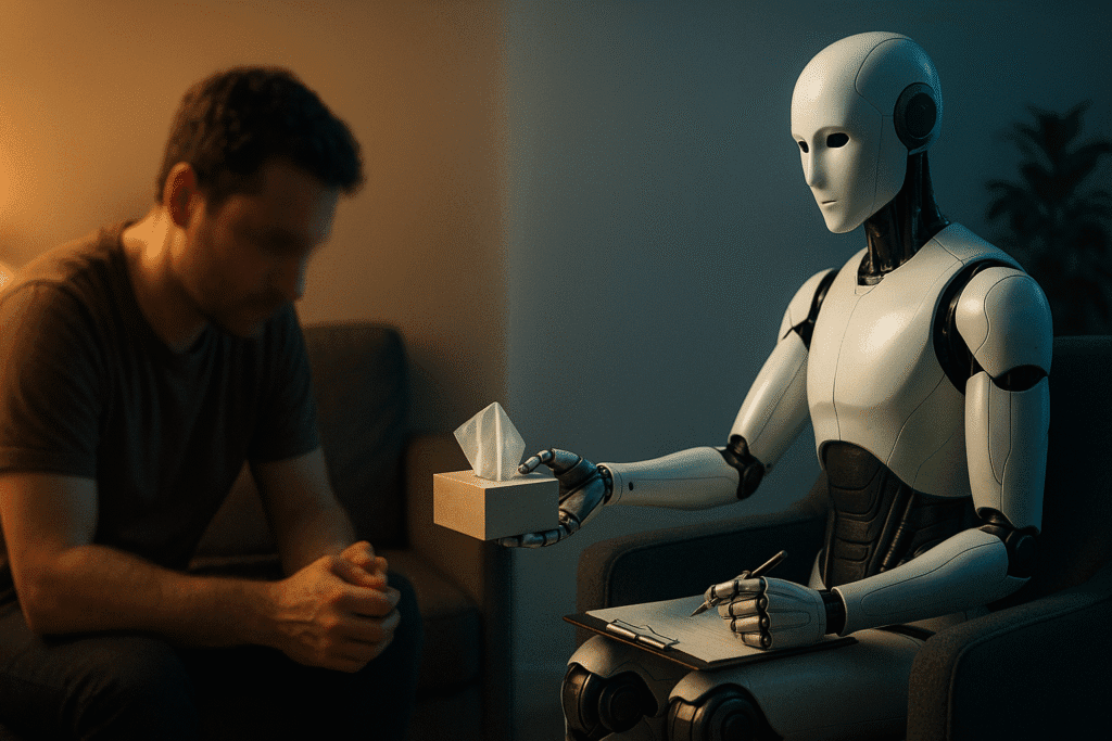 Un robot humanoide ofrece una caja de pañuelos a un hombre cabizbajo durante una sesión terapéutica, representando los riesgos de la inteligencia artificial en la deshumanización de la atención en salud mental.