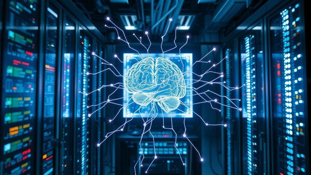 Superordenador futurista con luces y cables que visualiza neuronas interconectadas al simular el cerebro humano.