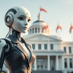 IA ministra Albania: Robot humanoide femenino frente a edificio gubernamental albanés.