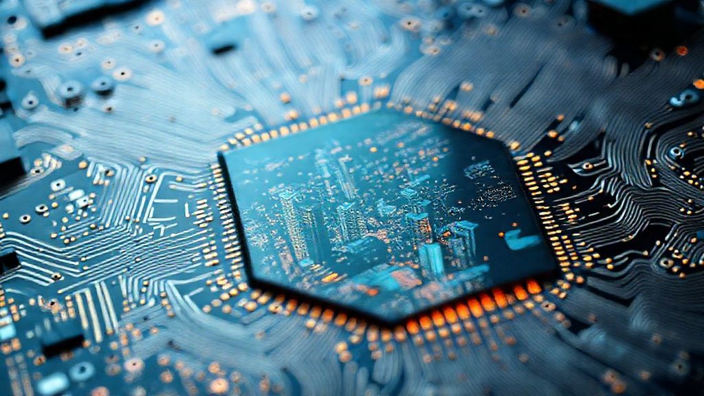 Chips de computadora con reflejos de paisajes urbanos chinos futuristas, representando china inteligencia artificial.