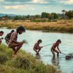 Grupo de primeros humanos pescando y recolectando plantas. Al fondo, mamuts lanudos. Escena de la vida de los primeros humanos cazadores.