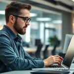 Redactor usando un portátil con interfaces de IA para redactores superpuestas. Entorno de trabajo luminoso y moderno.