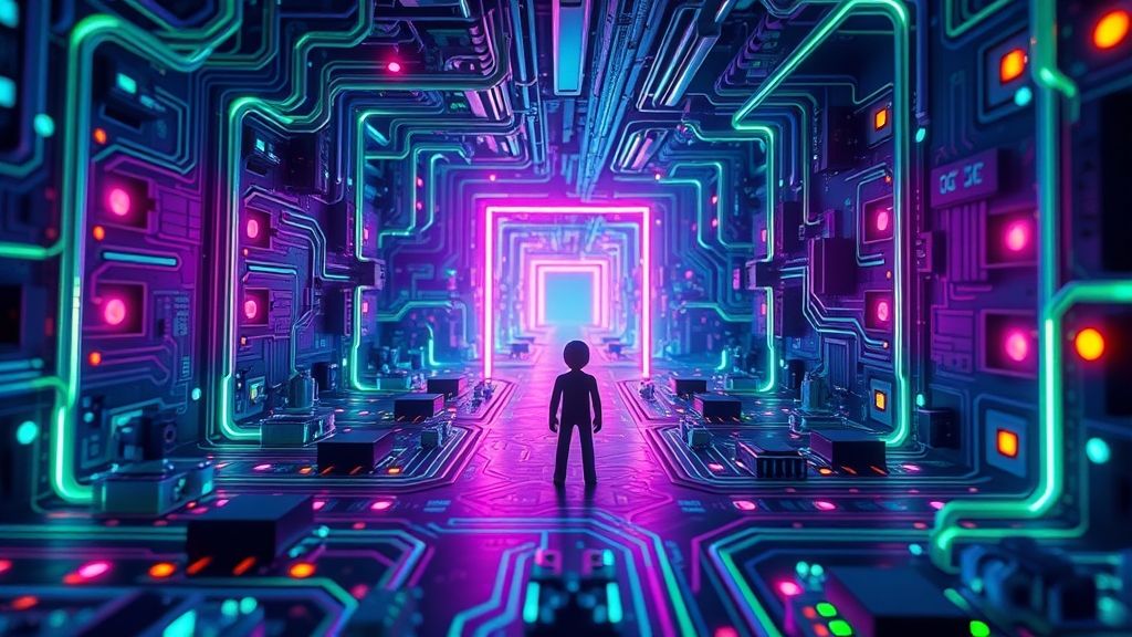 Laberinto de circuitos brillantes con figura humana, representando la complejidad de la ley de inteligencia artificial.