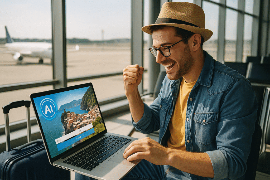 Hombre joven sonriente en un aeropuerto usando su portátil para planificar sus vacaciones con inteligencia artificial, celebrando por encontrar chollos en viajes con IA gracias a una herramienta digital.