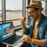 Hombre joven sonriente en un aeropuerto usando su portátil para planificar sus vacaciones con inteligencia artificial, celebrando por encontrar chollos en viajes con IA gracias a una herramienta digital.