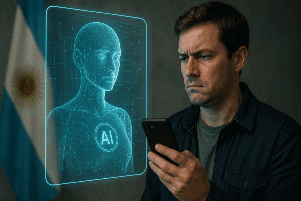 Hombre mirando con desconfianza su celular mientras interactúa con una figura holográfica de inteligencia artificial estatal, con la bandera de Argentina de fondo.