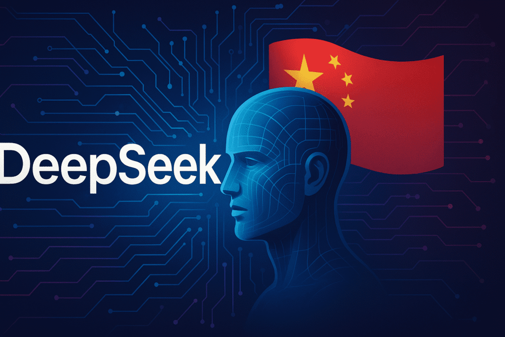 Representación conceptual de DeepSeek V3.1, con una figura humana digitalizada frente a una bandera de China, simbolizando el avance de la inteligencia artificial china y su estrategia tecnológica nacional.