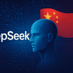 Representación conceptual de DeepSeek V3.1, con una figura humana digitalizada frente a una bandera de China, simbolizando el avance de la inteligencia artificial china y su estrategia tecnológica nacional.