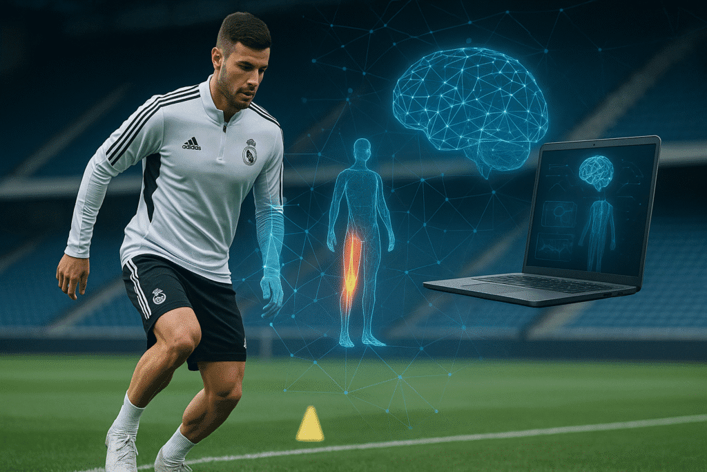 Futbolista del Real Madrid entrenando en el campo mientras una visualización digital muestra un análisis de su pierna, cerebro y datos biométricos en una computadora, destacando el uso de inteligencia artificial para prevenir lesiones en el fútbol.