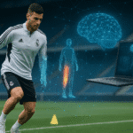 Futbolista del Real Madrid entrenando en el campo mientras una visualización digital muestra un análisis de su pierna, cerebro y datos biométricos en una computadora, destacando el uso de inteligencia artificial para prevenir lesiones en el fútbol.