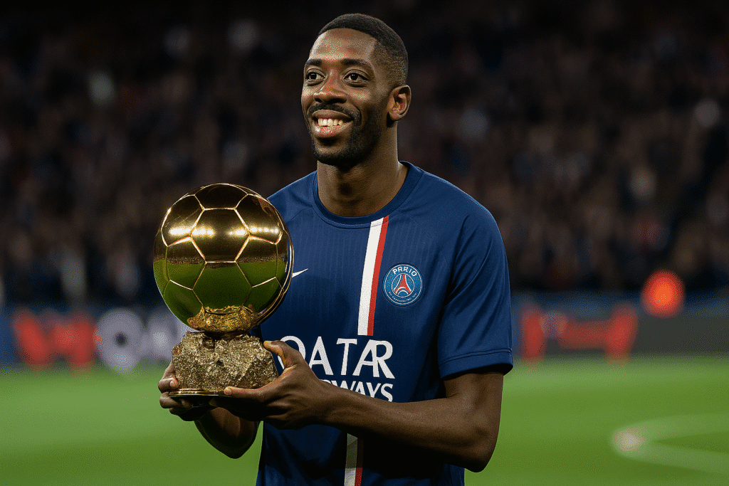 Ousmane Dembélé sonríe mientras sostiene el Balón de Oro 2025 en un estadio lleno, luciendo el uniforme del PSG, tras una temporada destacada que lo posiciona como el favorito según la IA.