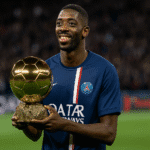 Ousmane Dembélé sonríe mientras sostiene el Balón de Oro 2025 en un estadio lleno, luciendo el uniforme del PSG, tras una temporada destacada que lo posiciona como el favorito según la IA.