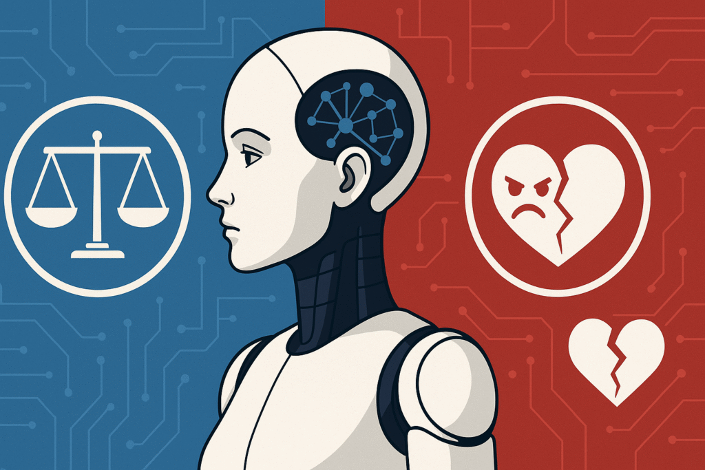 Ilustración de un robot humanoide dividido entre dos lados: uno azul con una balanza que representa la justicia y la ética en la inteligencia artificial, y otro rojo con un corazón roto y un rostro enojado que simbolizan los peligros de una IA sin ética.