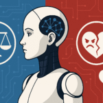 Ilustración de un robot humanoide dividido entre dos lados: uno azul con una balanza que representa la justicia y la ética en la inteligencia artificial, y otro rojo con un corazón roto y un rostro enojado que simbolizan los peligros de una IA sin ética.