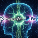 Representación digital de dos cerebros interconectados con los logotipos de Perplexity Pro y PayPal, simbolizando la promoción que permite obtener Perplexity Pro gratis durante un año usando PayPal.