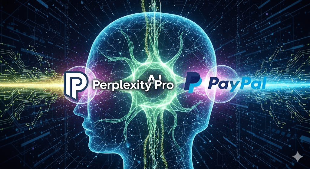 Representación digital de dos cerebros interconectados con los logotipos de Perplexity Pro y PayPal, simbolizando la promoción que permite obtener Perplexity Pro gratis durante un año usando PayPal.