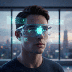 Primer plano de un hombre joven usando unas gafas de realidad aumentada de Apple con interfaces holográficas proyectadas en el aire, simbolizando la necesidad de mejorar el asistente Siri para una experiencia fluida e inteligente.