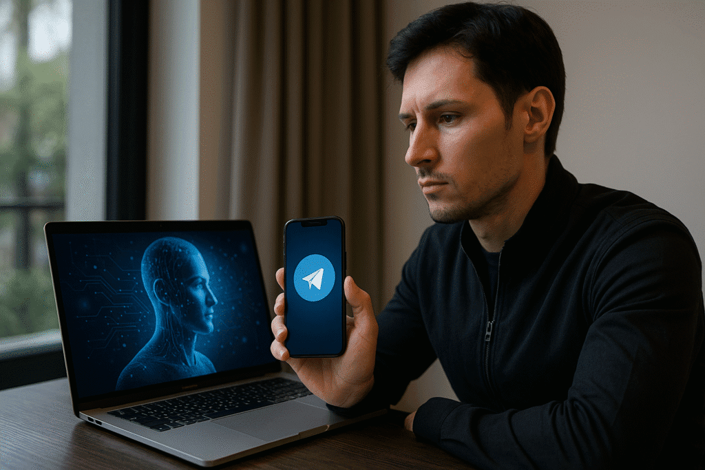 Hombre joven con expresión seria sostiene un smartphone con el logo de Telegram, mientras en su computadora portátil aparece un gráfico digital de una figura humana con elementos de inteligencia artificial, simbolizando el vínculo entre Telegram y la inteligencia artificial.