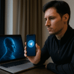 Hombre joven con expresión seria sostiene un smartphone con el logo de Telegram, mientras en su computadora portátil aparece un gráfico digital de una figura humana con elementos de inteligencia artificial, simbolizando el vínculo entre Telegram y la inteligencia artificial.