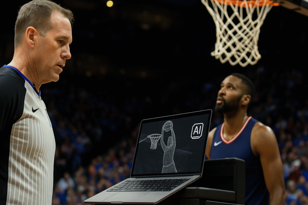 Árbitro de la NBA observando una laptop con representación en 3D de una jugada de baloncesto asistida por inteligencia artificial, en medio de un partido.