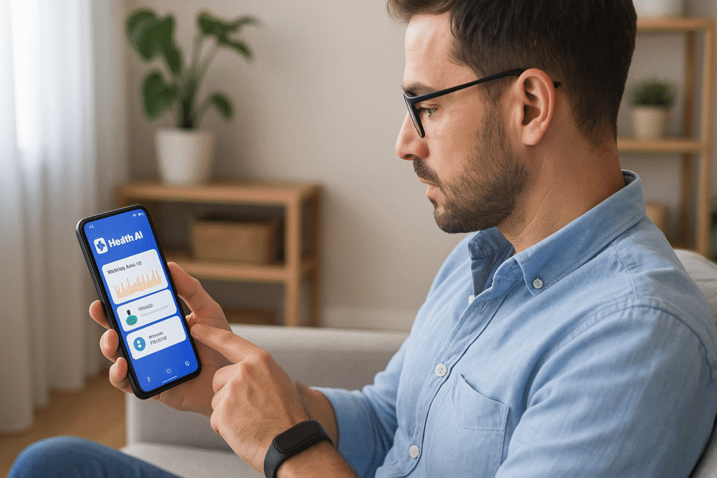Hombre utilizando una aplicación móvil de salud basada en inteligencia artificial, que muestra datos de actividad y métricas personalizadas, ejemplificando el uso de inteligencia artificial en la salud.