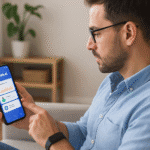 Hombre utilizando una aplicación móvil de salud basada en inteligencia artificial, que muestra datos de actividad y métricas personalizadas, ejemplificando el uso de inteligencia artificial en la salud.