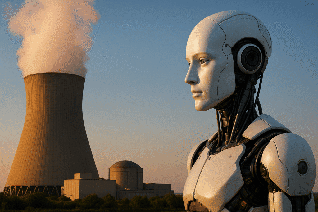 Robot humanoide futurista frente a una planta nuclear al atardecer, simbolizando la convergencia entre IA y energía nuclear en el contexto del desarrollo tecnológico sostenible.