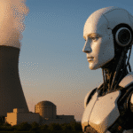 Robot humanoide futurista frente a una planta nuclear al atardecer, simbolizando la convergencia entre IA y energía nuclear en el contexto del desarrollo tecnológico sostenible.