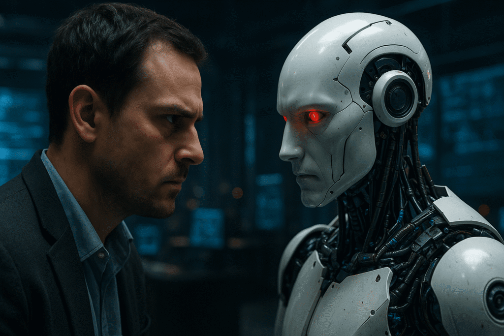 Primer plano de un enfrentamiento visual entre un humano y un robot con ojos rojos brillantes, representando el conflicto ético y moral en el desarrollo de la inteligencia artificial.