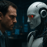 Primer plano de un enfrentamiento visual entre un humano y un robot con ojos rojos brillantes, representando el conflicto ético y moral en el desarrollo de la inteligencia artificial.