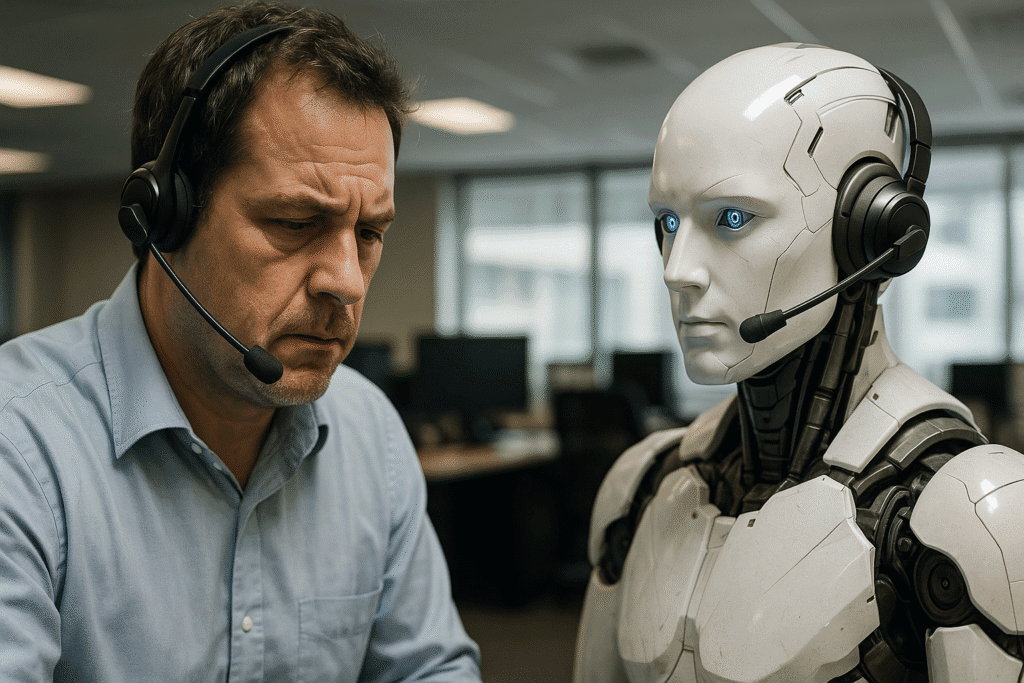 Hombre con auriculares trabajando junto a un robot humanoide, ambos con headsets, simbolizando la colaboración entre humanos e inteligencia artificial para cobros en un entorno de oficina.