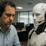 Hombre con auriculares trabajando junto a un robot humanoide, ambos con headsets, simbolizando la colaboración entre humanos e inteligencia artificial para cobros en un entorno de oficina.