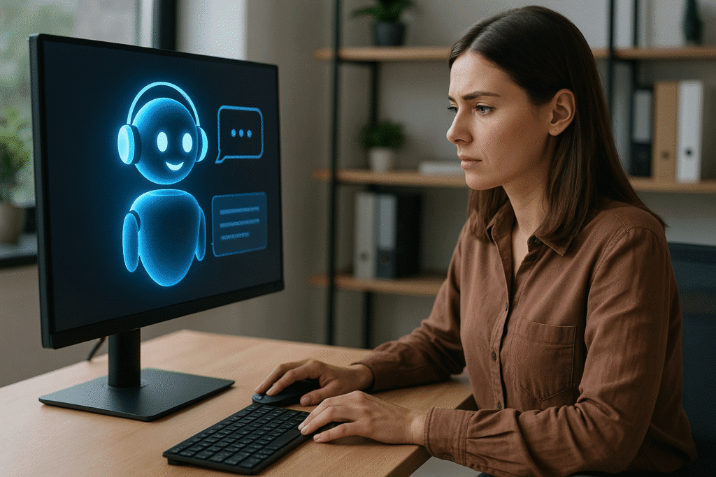 Mujer utilizando un ordenador con un chatbot con inteligencia artificial en pantalla, representando el uso de IA para optimizar la atención al cliente.