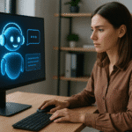 Mujer utilizando un ordenador con un chatbot con inteligencia artificial en pantalla, representando el uso de IA para optimizar la atención al cliente.