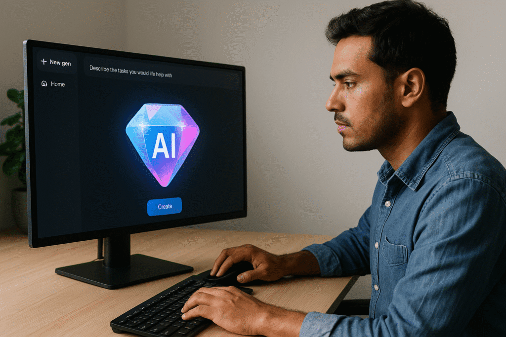 Hombre concentrado usando una computadora con una interfaz de Google Gemini en pantalla, listo para crear gems personalizadas con inteligencia artificial.