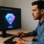Hombre concentrado usando una computadora con una interfaz de Google Gemini en pantalla, listo para crear gems personalizadas con inteligencia artificial.