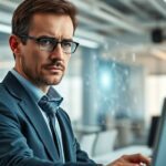 Profesional interactúa con IA compleja en pantalla; refleja la preocupación por las profesiones en riesgo por la IA.