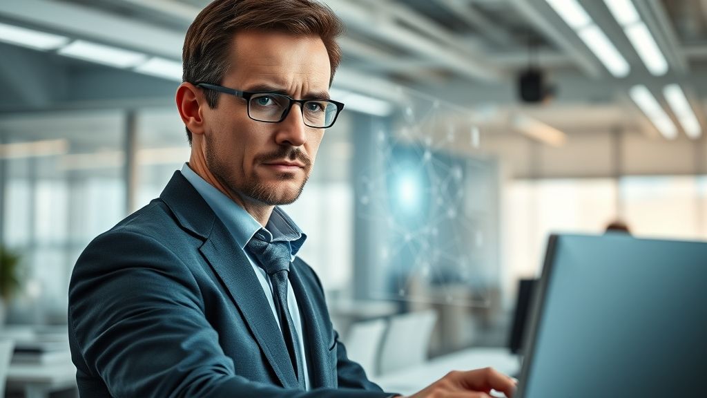 Profesional interactúa con IA compleja en pantalla; refleja la preocupación por las profesiones en riesgo por la IA.