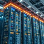 Centro de datos futurista optimizando energía; posible reflejo de la burbuja de la inteligencia artificial.