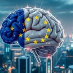 Cerebro IA con circuitos y bandera UE, ciudad futurista de fondo. Inteligencia artificial en la UE.
