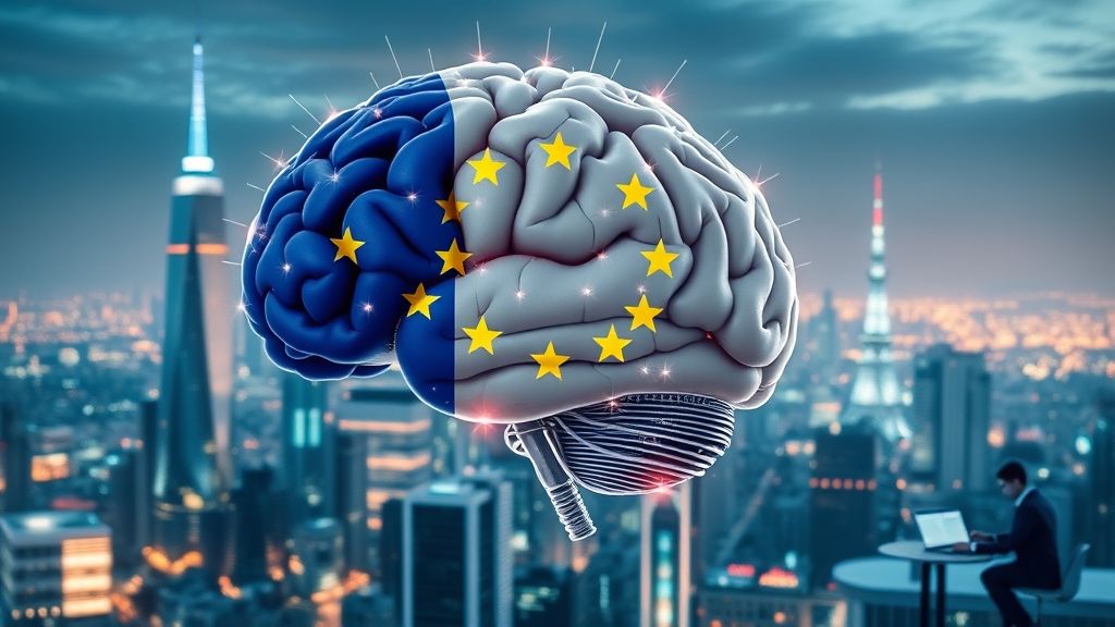 Cerebro IA con circuitos y bandera UE, ciudad futurista de fondo. Inteligencia artificial en la UE.