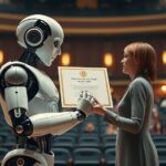 Robot humanoide recibiendo un Premio Nobel, ilustrando el concepto de inteligencia artificial premio nobel.