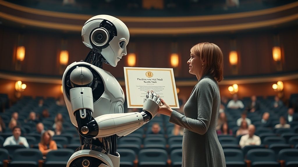 Robot humanoide recibiendo un Premio Nobel, ilustrando el concepto de inteligencia artificial premio nobel.