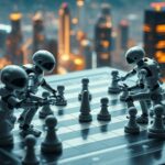 Ajedrez con robots y humanos en un tablero futurista, simbolizando controlar la inteligencia artificial.