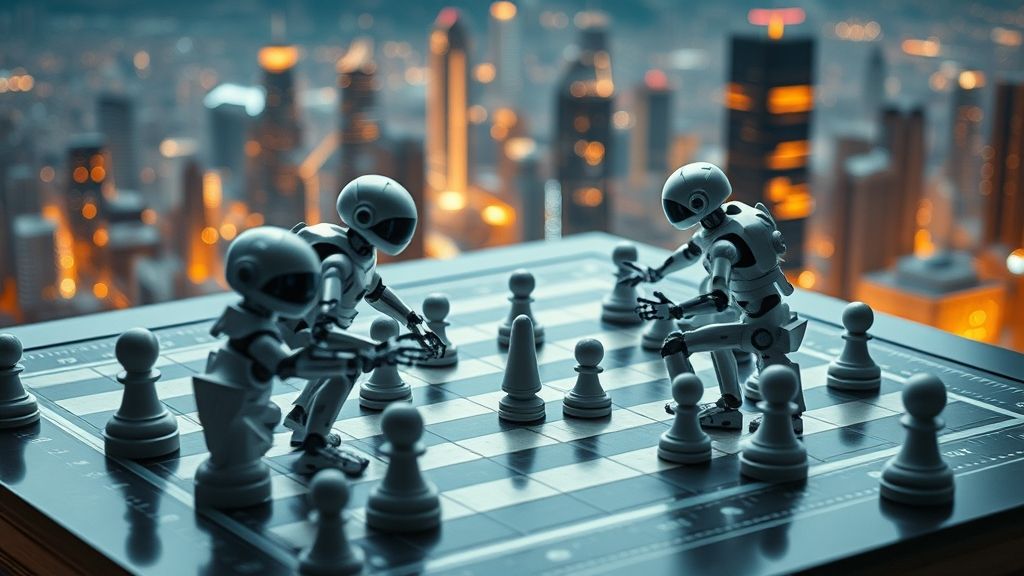 Ajedrez con robots y humanos en un tablero futurista, simbolizando controlar la inteligencia artificial.