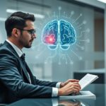 Jurista trabajando con pantalla holográfica: cerebro digital conectado a libro de leyes. Inteligencia artificial y derecho.