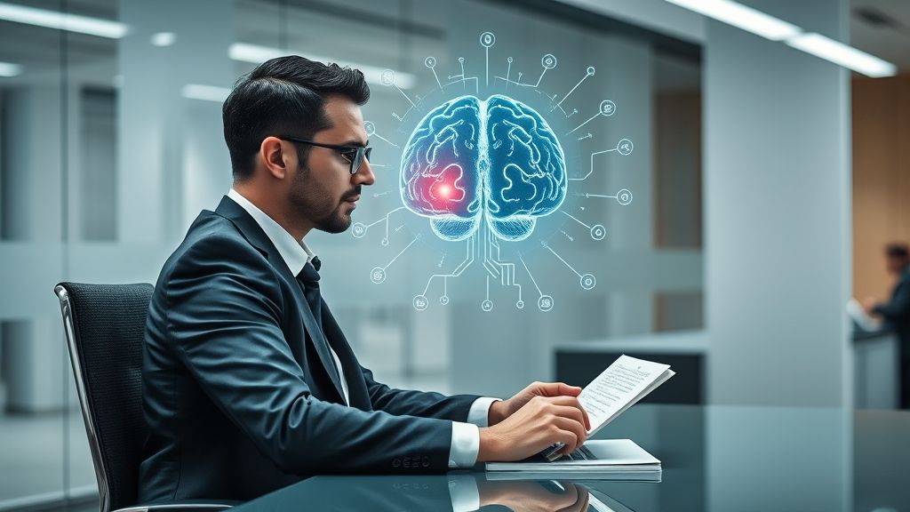 Jurista trabajando con pantalla holográfica: cerebro digital conectado a libro de leyes. Inteligencia artificial y derecho.