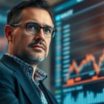 Analista observando gráficas bursátiles fusionándose con IA. Futuro de IA predicciones bolsa en Wall Street.